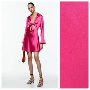 Zara Fuchsia Satin Effect Mini Dress with V-neckline